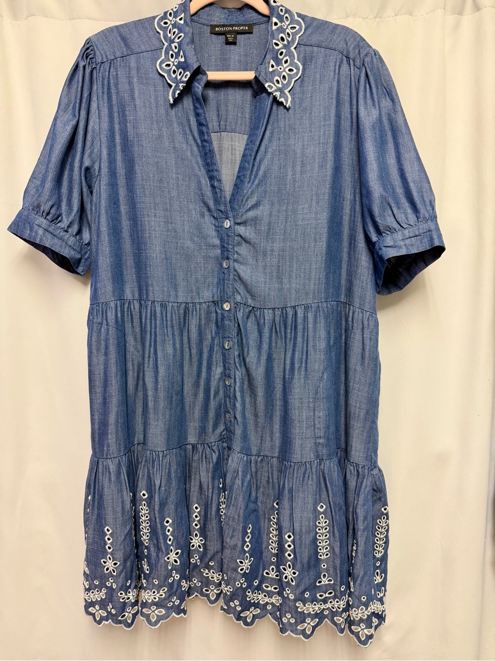 Boston Proper Puff Sleeve Embroidered Eyelet Shirt Dress Size XL Denim Pockets